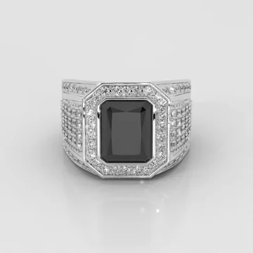 Bague onyx ajustable pour homme en argent 925 poli, onyx noir central et pierres scintillantes, design royal palais d’Orient, cadeau unique, vue de face.