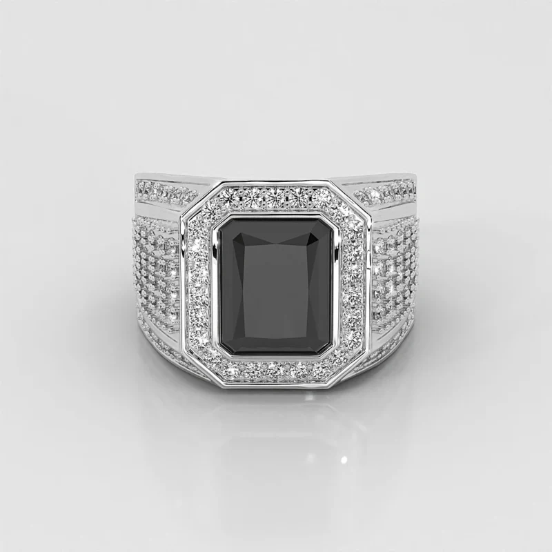 Bague onyx ajustable pour homme en argent 925 poli, onyx noir central et pierres scintillantes, design royal palais d’Orient, cadeau unique, vue de face.