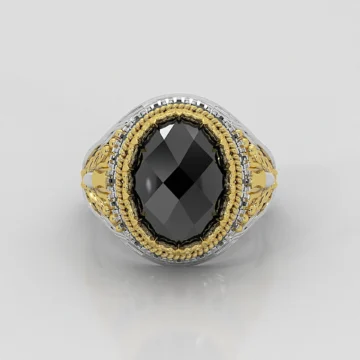 Bague chevalière homme ajustable en argent sterling poli avec pierre aqeeq noire ovale, dague dorée sculptée, sertie de pierres noires, style arabe yéménite, vue de face.