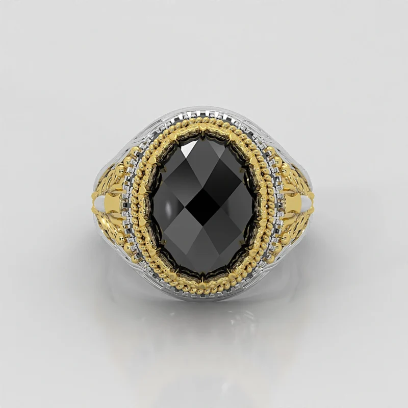 Bague chevalière homme ajustable en argent sterling poli avec pierre aqeeq noire ovale, dague dorée sculptée, sertie de pierres noires, style arabe yéménite, vue de face.