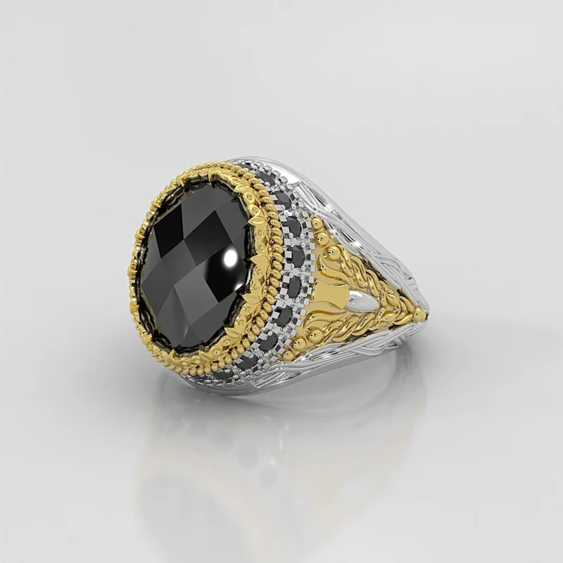 Bague chevalière homme ajustable en argent sterling poli avec pierre aqeeq noire ovale, dague dorée sculptée, sertie de pierres noires, style arabe yéménite, vue de profil.
