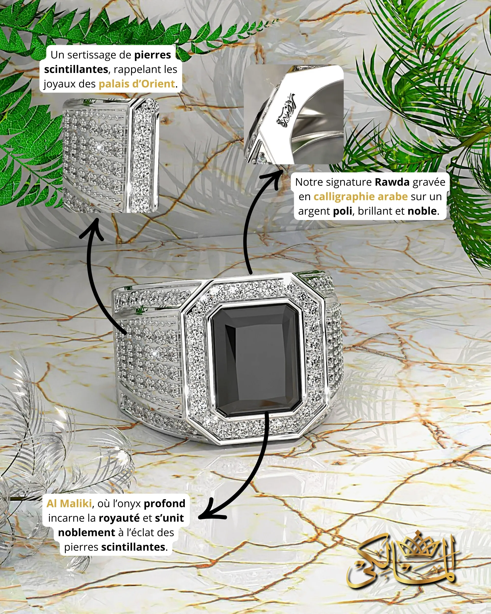 Bague homme pierre noire ajustable Rawda Jewels