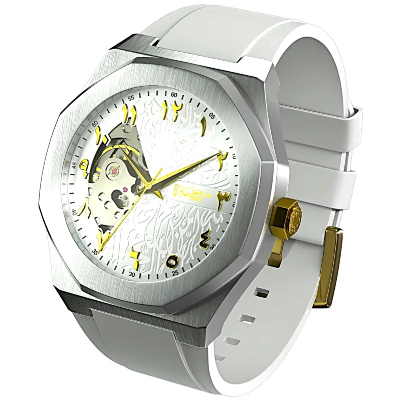 Montre calligraphie, mouvement automatique visible, boîtier blanc brossé poli, calligraphie arabe gravée, vue de côté, Montre Calligraphie An Nahar
